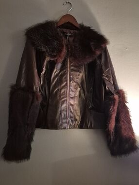 Faux-Fur Trim Brown Leather Jacket